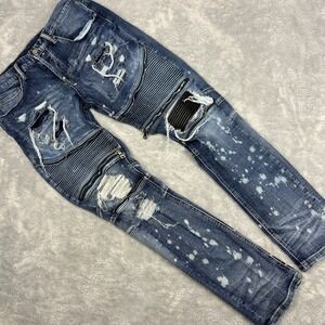 Dope Mens Jeans Size 32x31 Button Fly Moto Stretch Splatter Zippers Stacked Blue